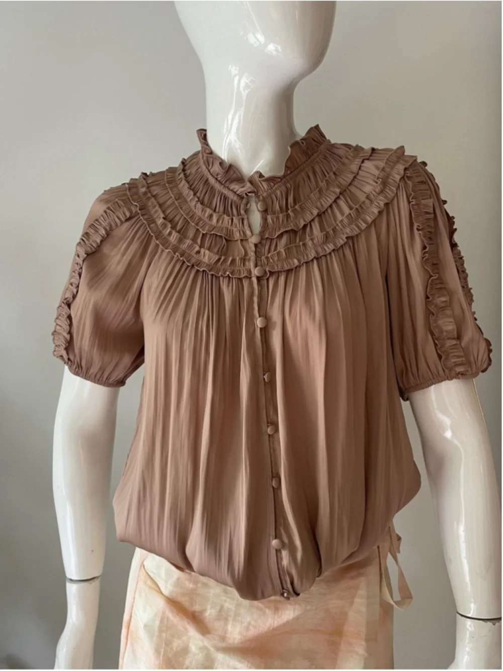 Anthropologie Pleated Ruffle Blouse – Taupe | Size Small